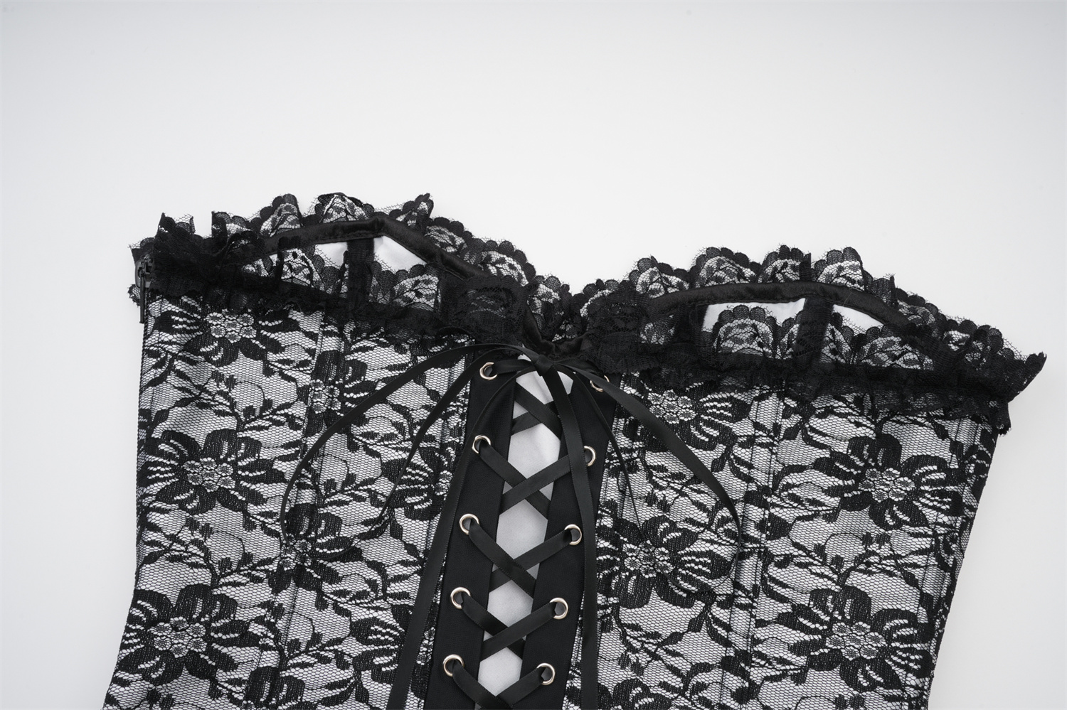 Womens Gothic Lace-Up Overbust Corset with Floral Jacquard and Lace Trim